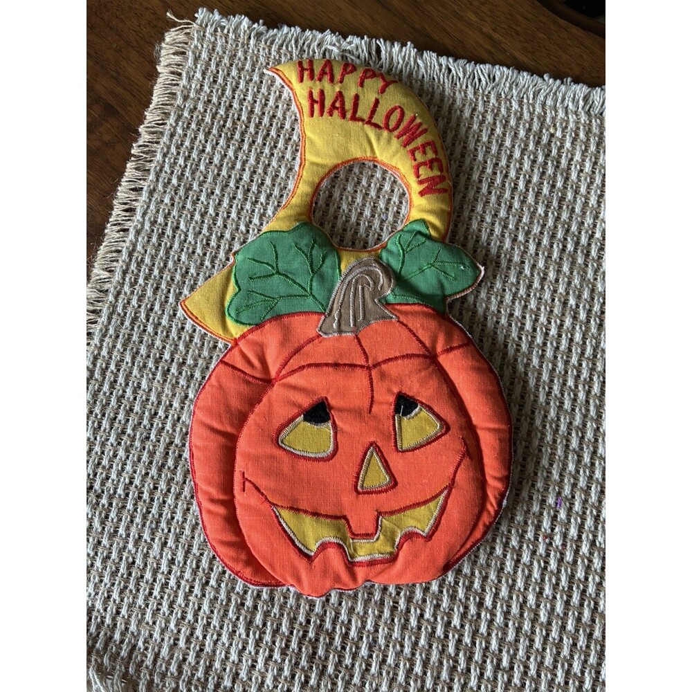 Vtg Halloween Stuffed Cotton Fabric Pumpkin Jack O’Lantern Door Knob Hanger
